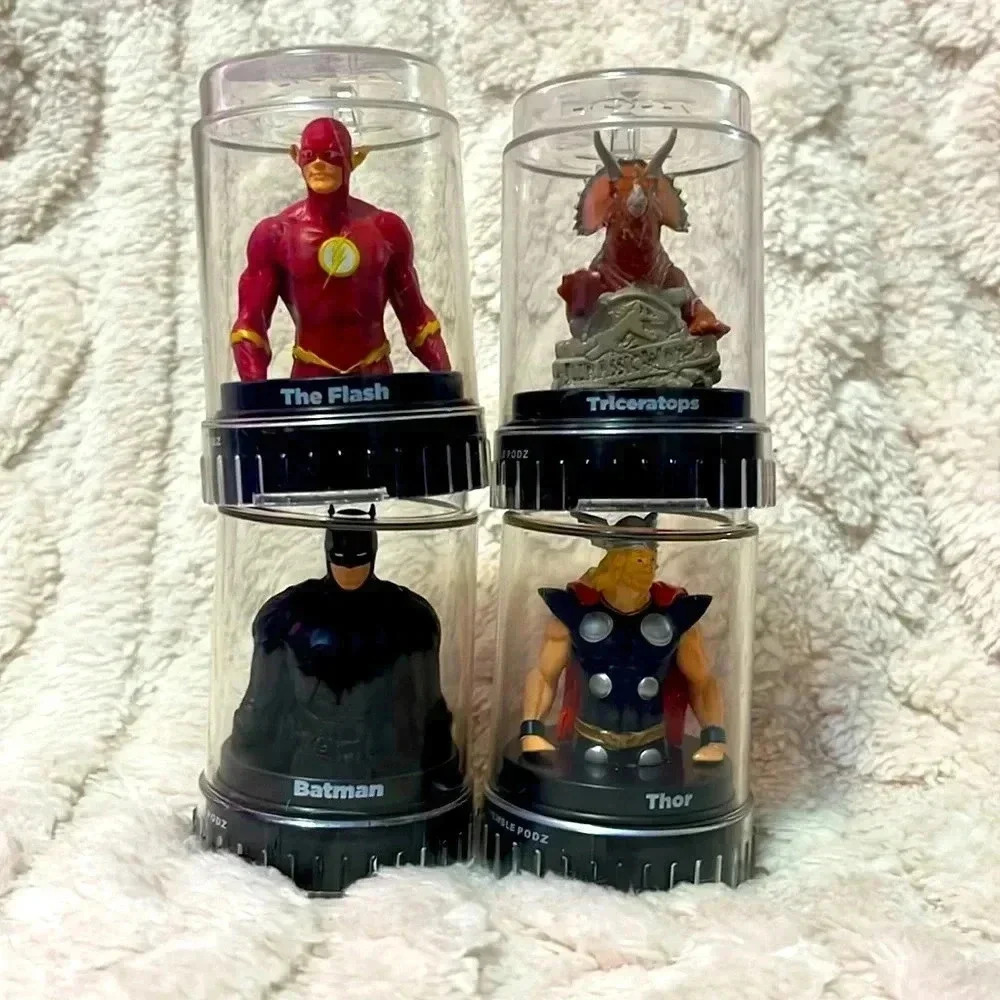 Good2Grow PODZ Bottle Toppers Lot The Flash Batman  Thor and Triceratops.